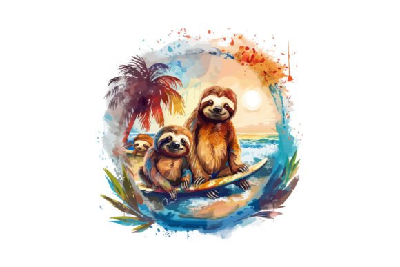 Mom and Baby Sloths with Surfer in Beach – A Versatile Graphic Design Asset for Crafts